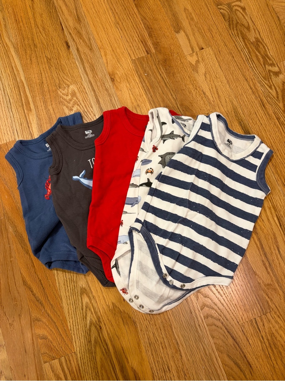 Baby Boys Navy Stripe, Red, Blue & Gray Sleeveless Bodysuits Set